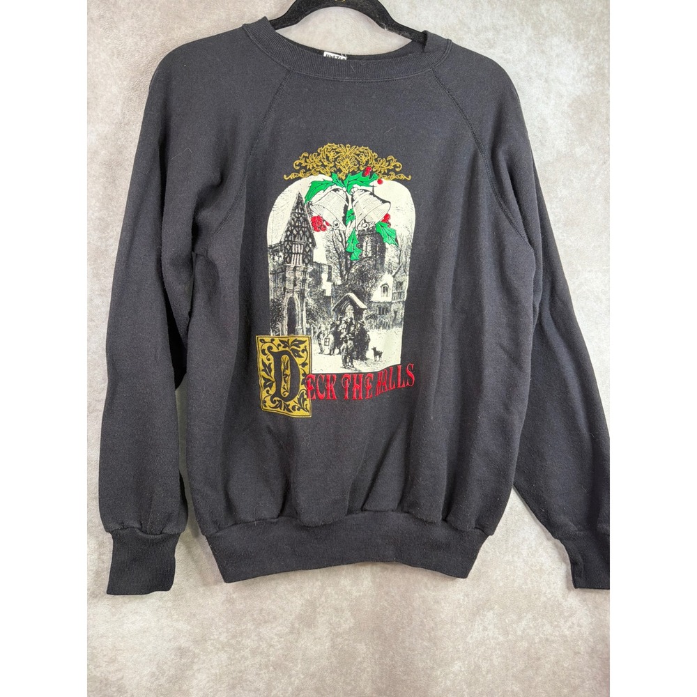 VTG 90s West Sweatshirt Womens Large Black Deck The Halls Christmas USA Made